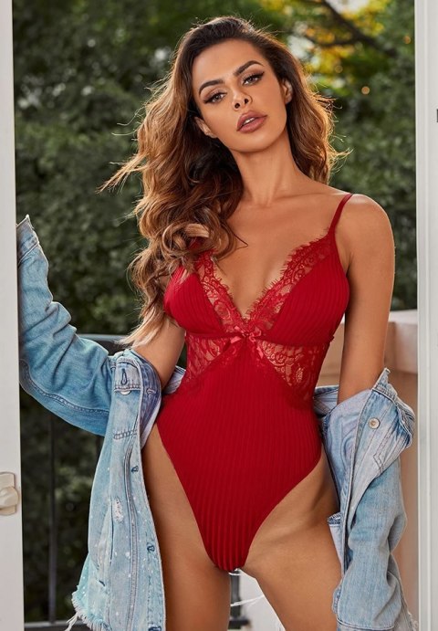 Floral Lace Rib Teddy Bodysuit