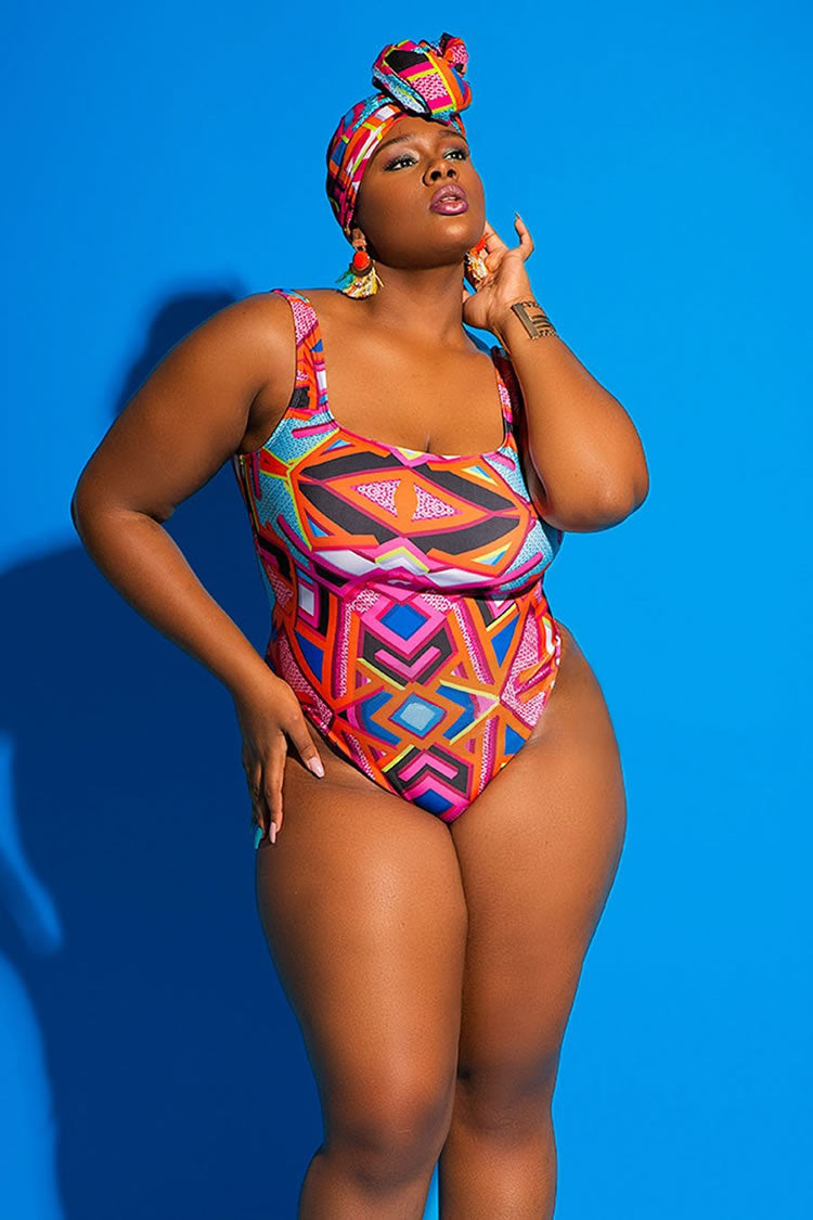 Plus Size Geometric Printed One Piece Swimsuit