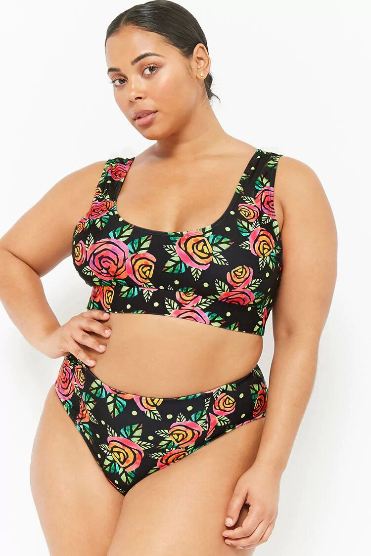 Plus Size High Leg High Waist Rose Crop Tank Bikini Swimsuit