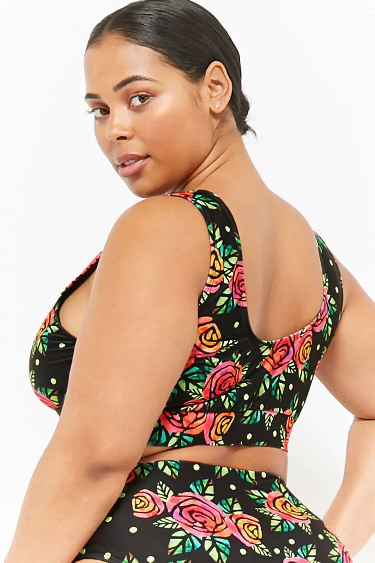 Plus Size High Leg High Waist Rose Crop Tank Bikini Swimsuit