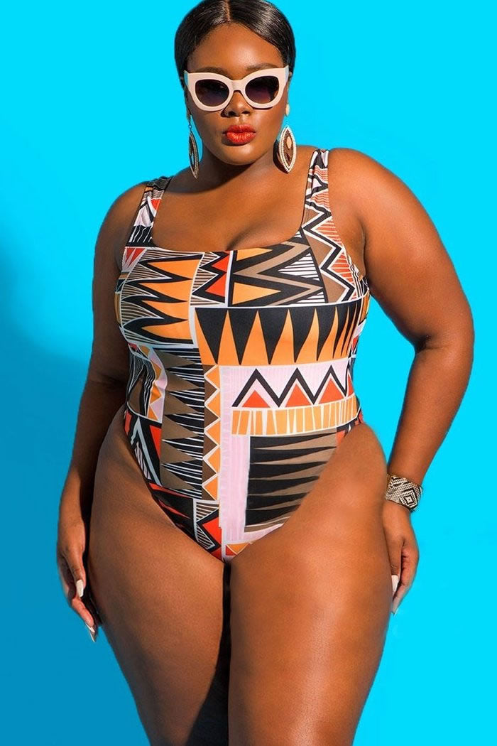 Plus Size Tribal Printed High Cut One Piece Swimsuit