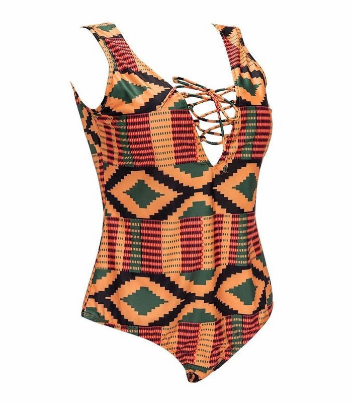 Plus Size Crisscross Strappy Front Ethnic One Piece Swimsuit