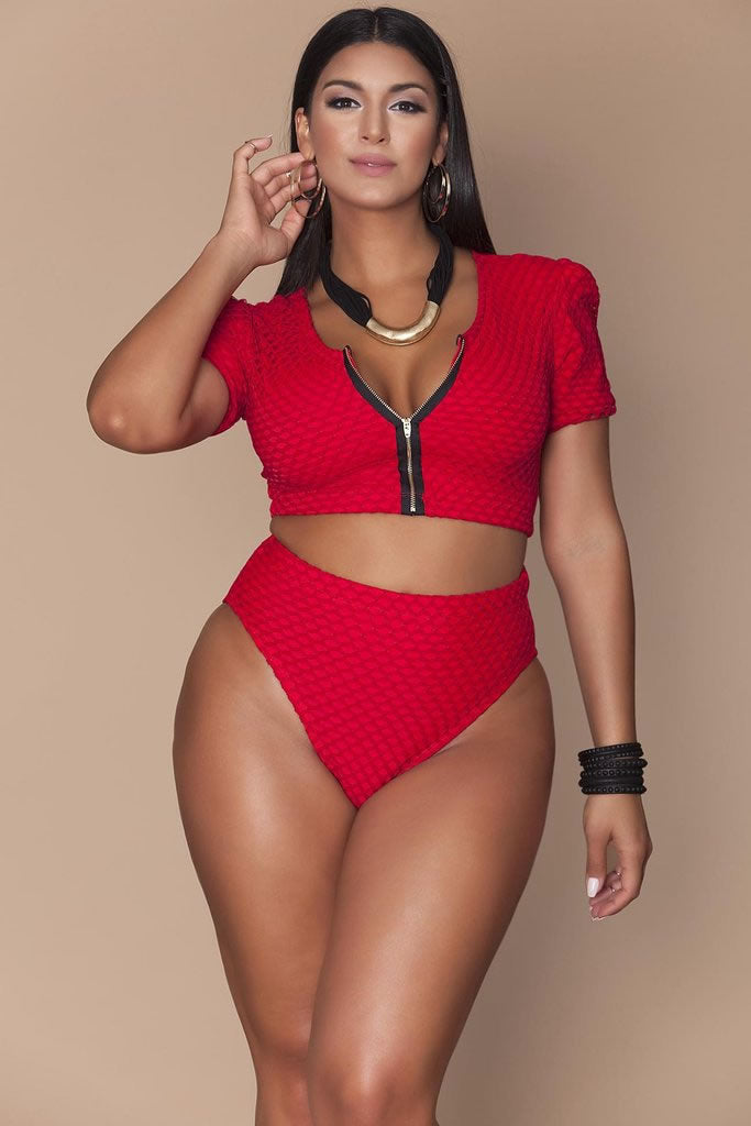 Plus Size Mesh Sleeved High Waist High Leg Crop Bikini Swimsuit