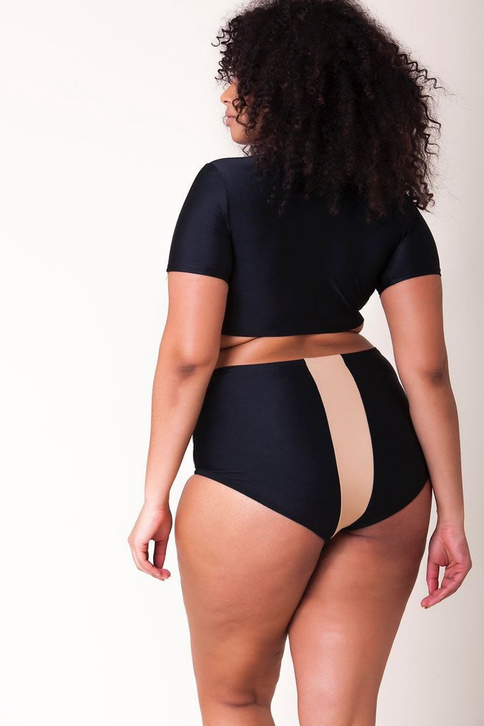 Plus Size Contrast Stripe Sleeved Crop High Waist Bikini Swimsuit