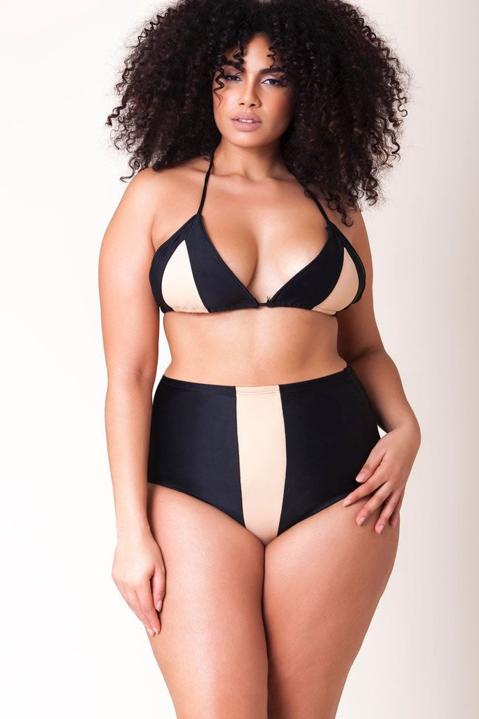Plus Size Contrast Stripe Slide Triangle High Waist Bikini Swimsuit