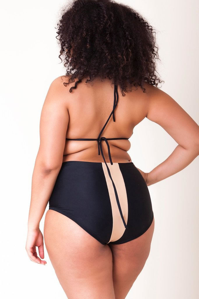 Plus Size Contrast Stripe Slide Triangle High Waist Bikini Swimsuit