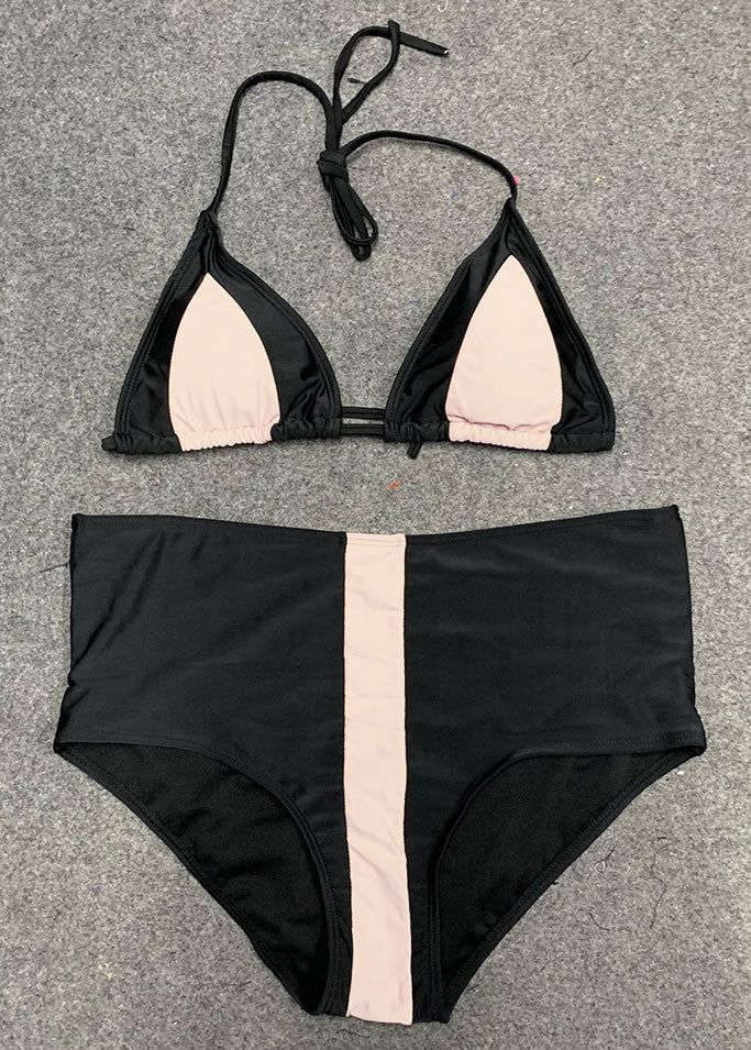 Plus Size Contrast Stripe Slide Triangle High Waist Bikini Swimsuit