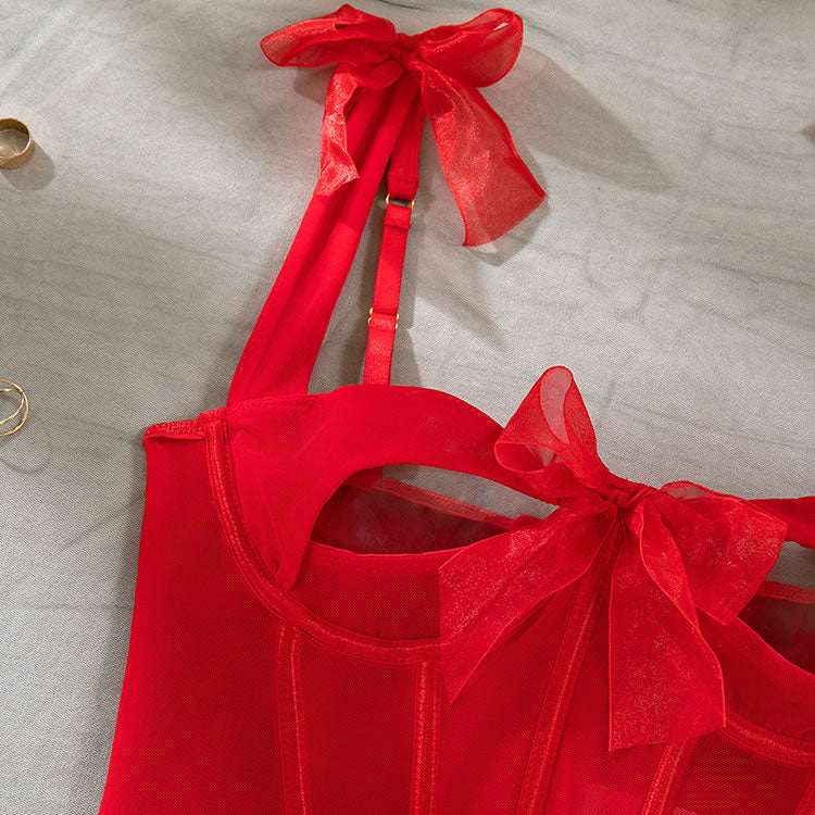 Seductive Red Lingerie Set with Elegant Bows