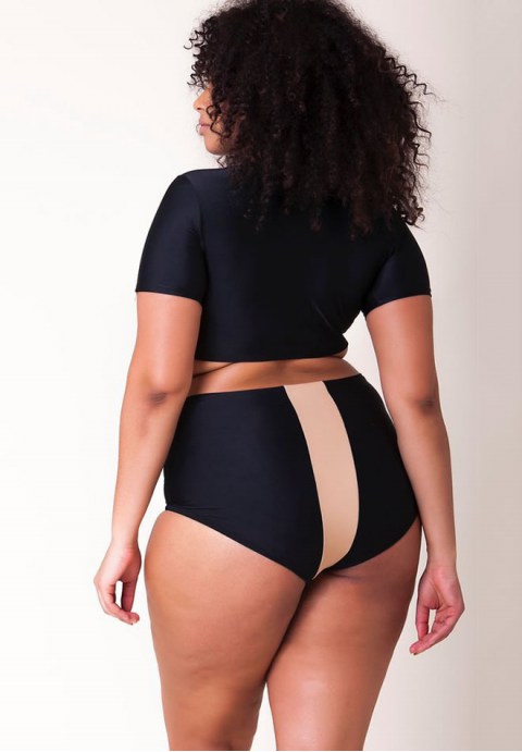 Plus Size Contrast Stripe Sleeved Crop High Waist Bikini Swimsuit