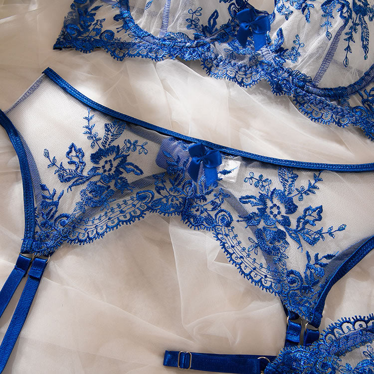 Floral Embroidered Mesh Underwire Garter Lingerie Set