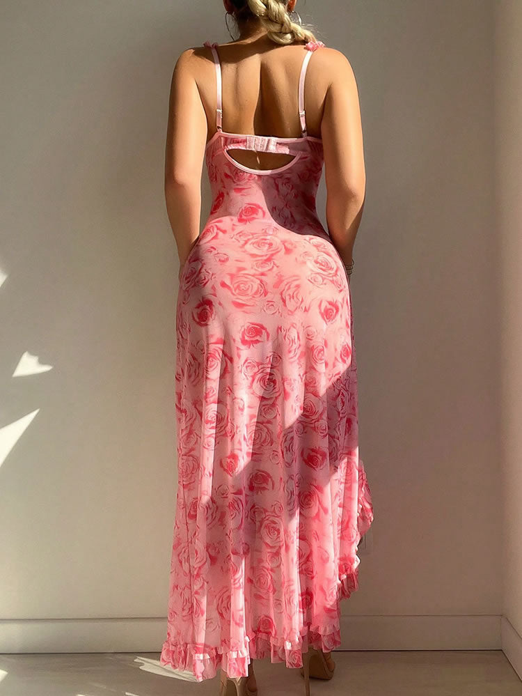 Romantic Pink Rose Print Nightgown with Ruffled Details