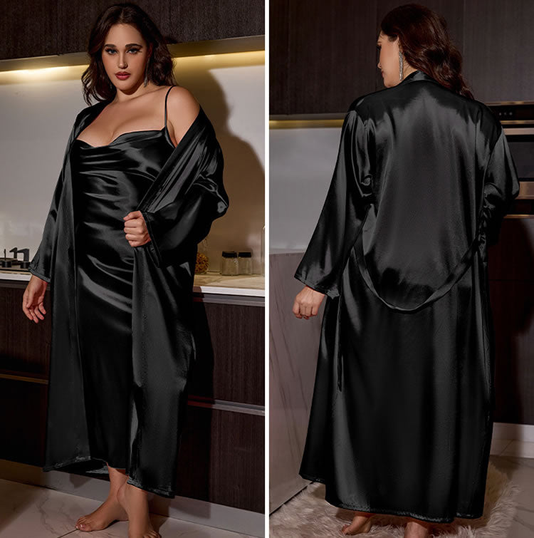 Plus Size Cozy Black Satin Loungewear Set