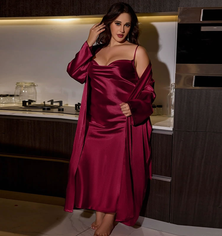 Plus Size Seductive Pink Satin Robe and Slip Dress Set