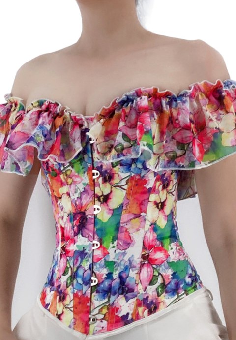 Women's Overbust Boned Floral Print Ruffled Puff Sleeves Vintage Corset