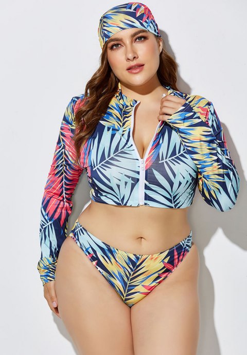 Front Zipper Print Three Pieces Tankinis