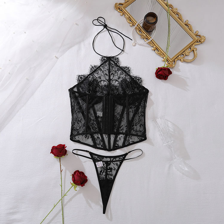 Black Floral Lace Halter Corset with Sheer Mesh Detailing