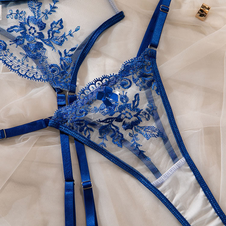 Floral Embroidered Mesh Underwire Garter Lingerie Set