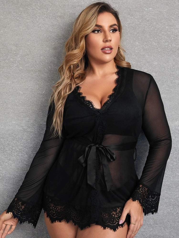 Plus Size Eyelash Lace Robe and G-String
