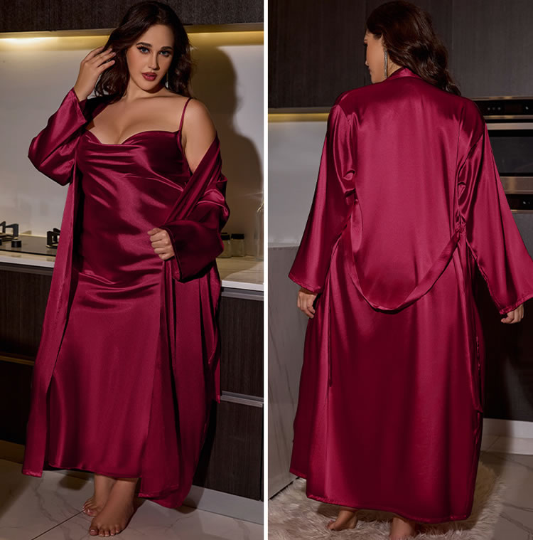 Plus Size Seductive Pink Satin Robe and Slip Dress Set