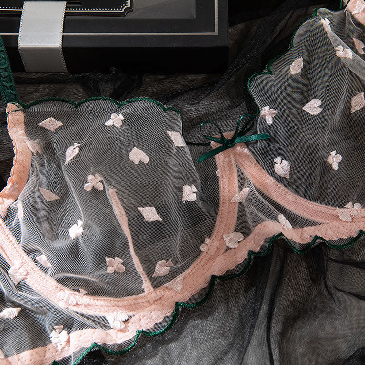 Women's Embroidered Mesh Bralette And Triangle Panties Lingerie Set