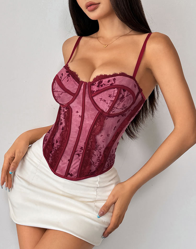 Stylish Burgundy Corset with Lace Trim