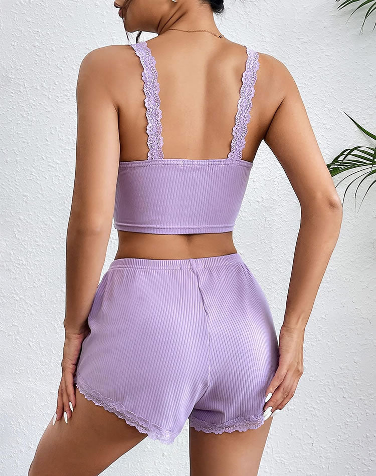 Women Soft Pajama Sets Sexy Lingerie Sleepwear Lace Cami Top with Pj Shorts 2 Piece Nightwear for Sleeping