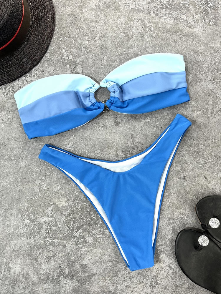 Colorblock Ring Linked Bikini Swimsuit