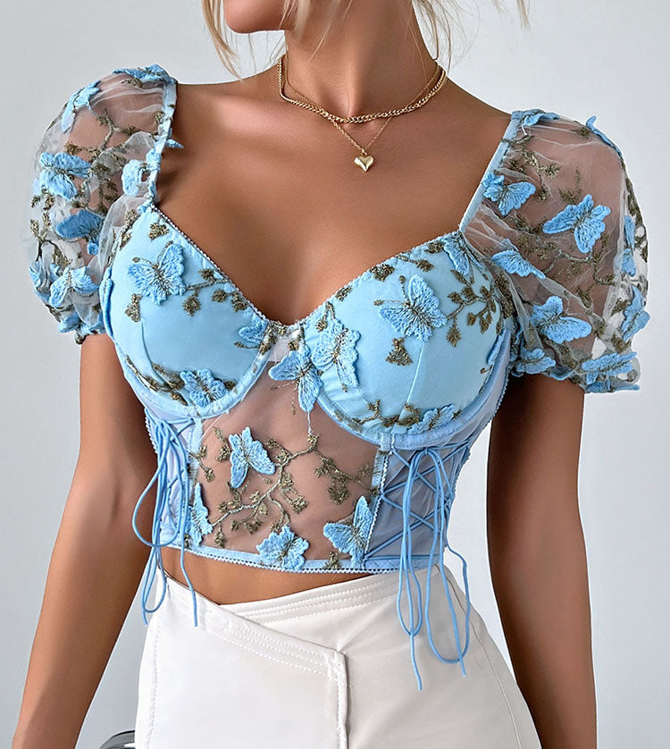 Romantic Sky Blue Lace-Up Corset Top