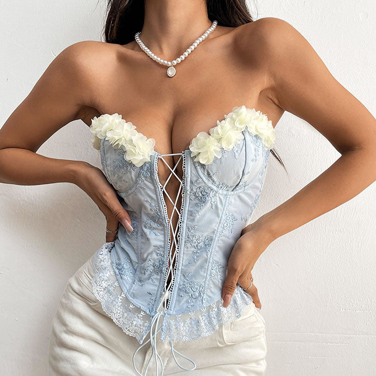 Romantic Lace-Up Corset with 3D Flowers