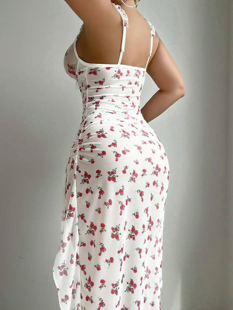 Elegant Floral Print Mesh Lingerie Set