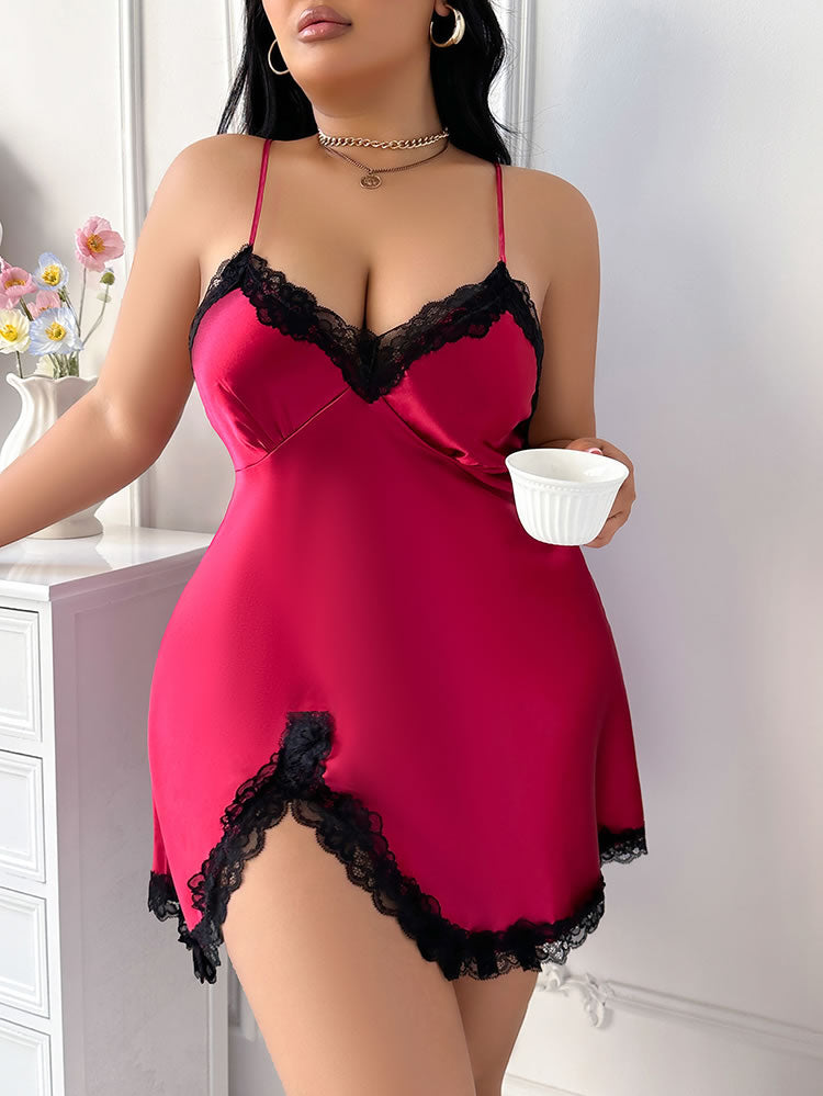 Bold Red Satin Chemise with Black Lace Trim