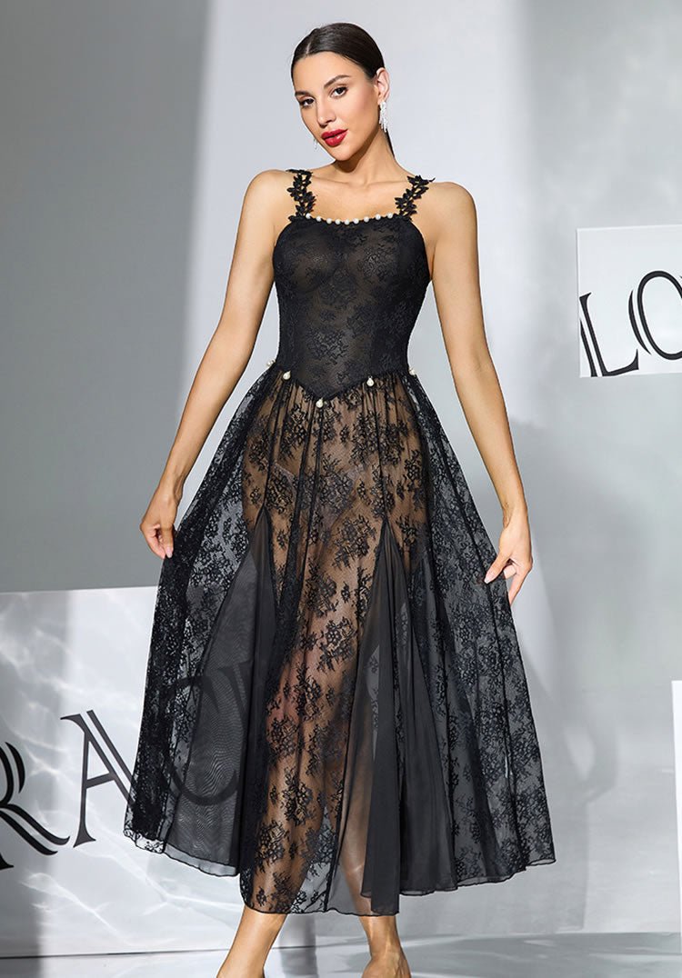 Black Lace Maxi Nightgown with Pearl Trim & Open Back – Sheer Floral Lingerie for Bridal & Anniversary - Late Night Lingerie