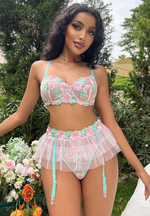 Send Me Flowers Lace Garter 3 Piece Set