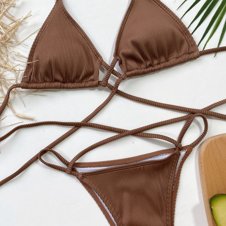 Rib Crisscross Halter Thong Bikini Swimsuit