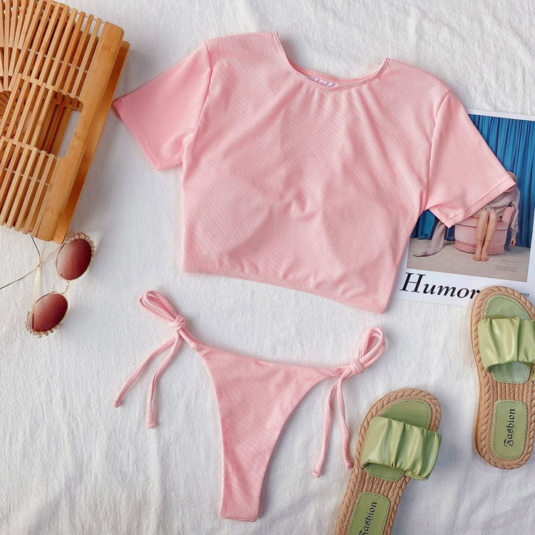 Rib Ring Linked Tie Side Bikini Swimsuit