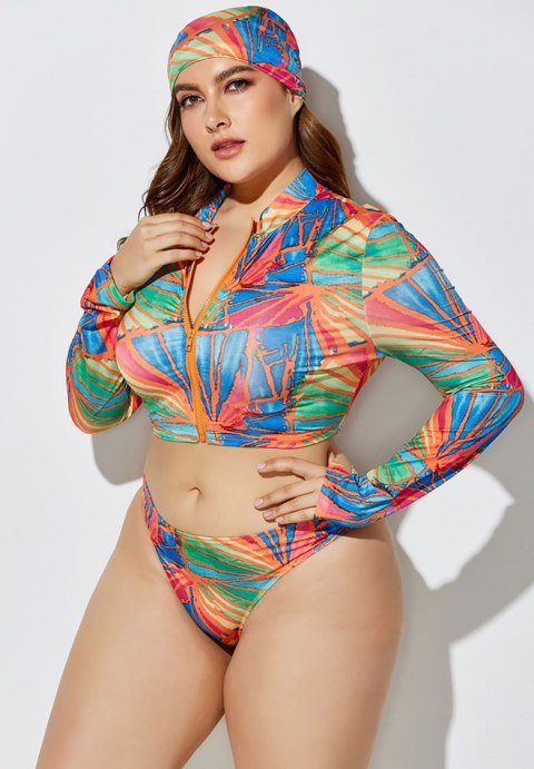 Front Zipper Print Three Pieces Tankinis - Late Night Lingerie