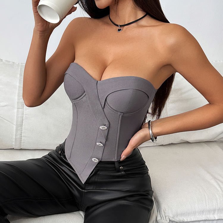 Grey Strapless Corset Top with Crystal Buttons - Late Night Lingerie