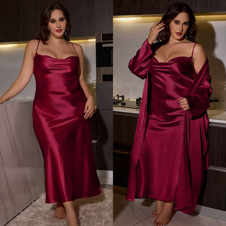 Plus Size Seductive Pink Satin Robe and Slip Dress Set