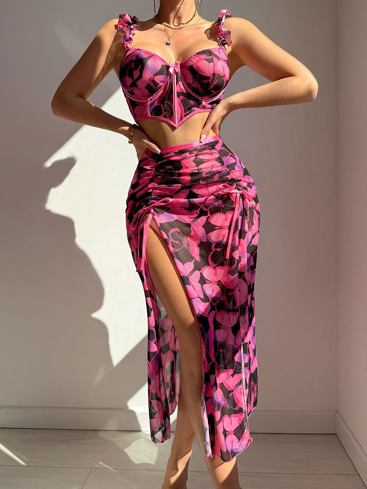 Pink Butterfly Print Lingerie Two-Piece Set