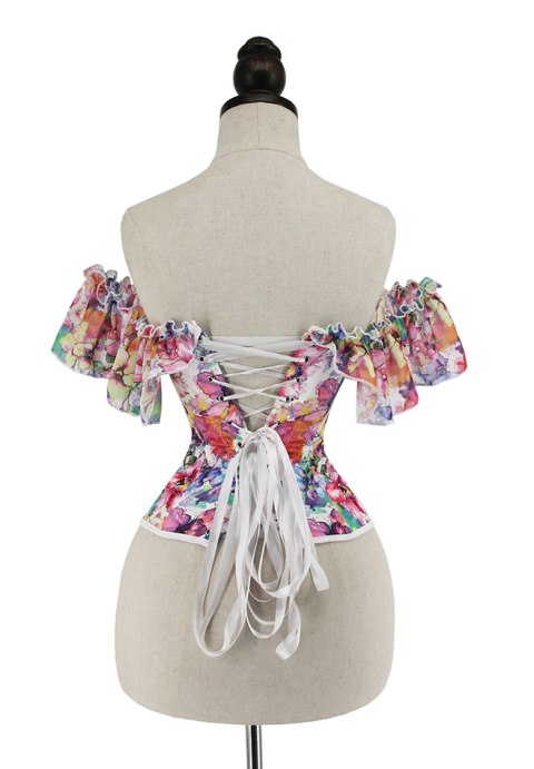 Women's Overbust Boned Floral Print Ruffled Puff Sleeves Vintage Corset