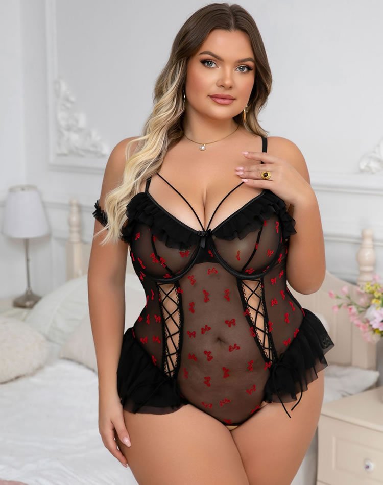 Plus Size Alluring Black Lace-Up Teddy - Late Night Lingerie