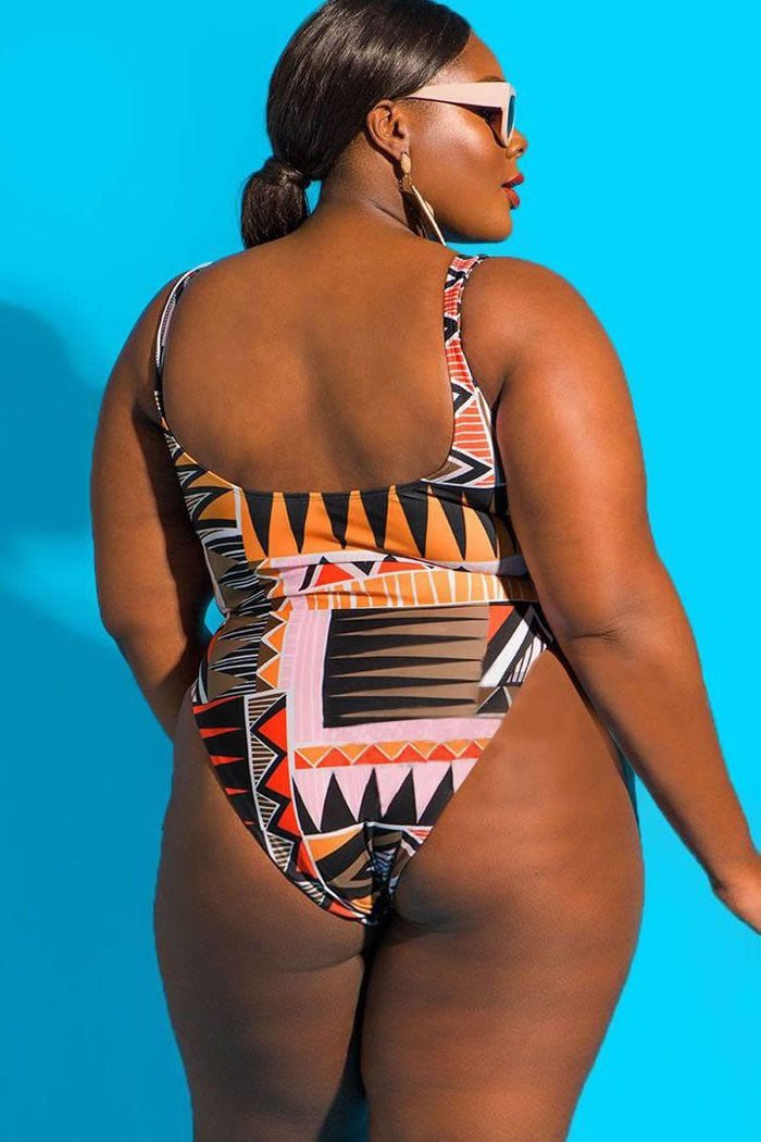 Plus Size Tribal Printed High Cut One Piece Swimsuit - Late Night Lingerie