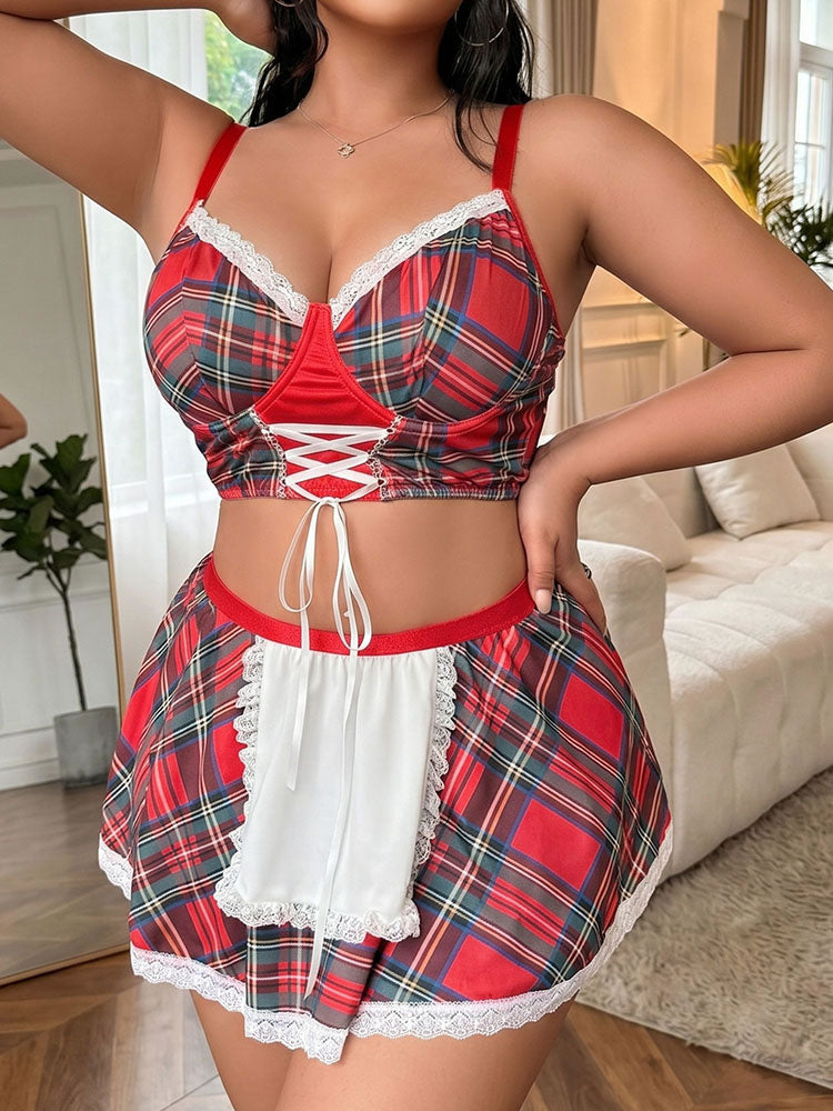 Plus Size Red Plaid Maid Lingerie Set with Apron