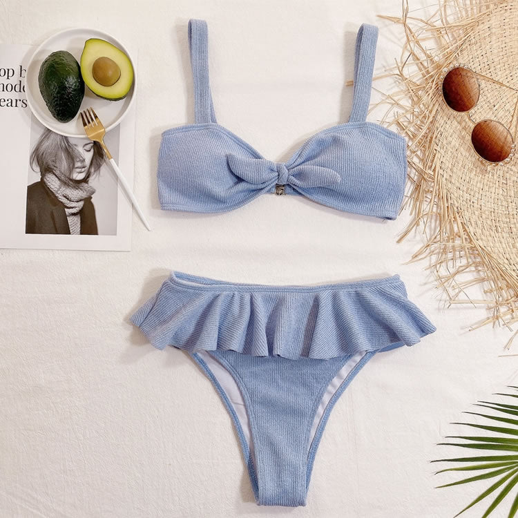 Rib Knot Front Ruffle Hem Bikini Swimsuit