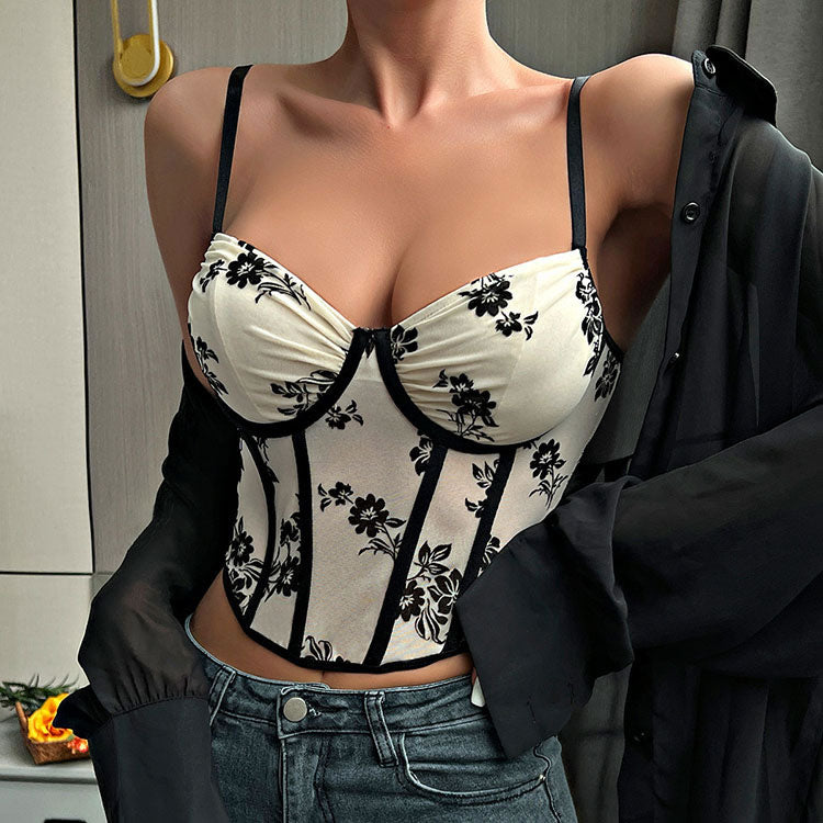 Elegant Black & Beige Floral Corset Top