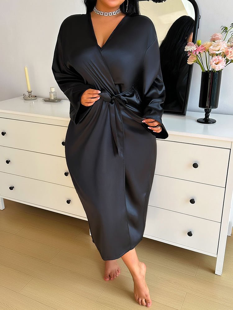 Stylish Black Satin Kimono with Long Sleeves - Late Night Lingerie