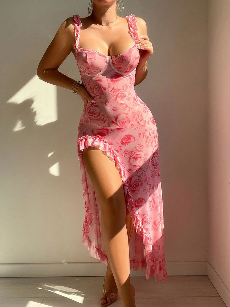 Romantic Pink Rose Print Nightgown with Ruffled Details
