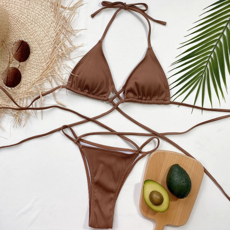 Rib Crisscross Halter Thong Bikini Swimsuit