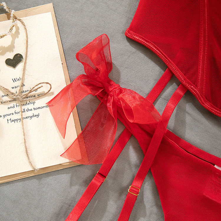 Seductive Red Lingerie Set with Elegant Bows