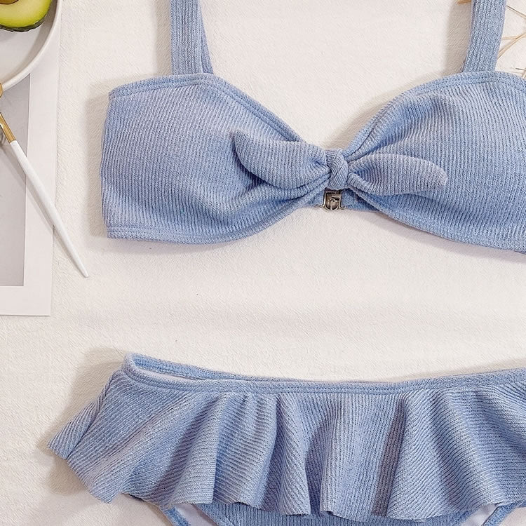 Rib Knot Front Ruffle Hem Bikini Swimsuit